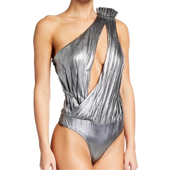 NEW NWT Retrofete Cassie One Shoulder Cutout Bodysuit In Metallic Silver Gray - Picture 1 of 14